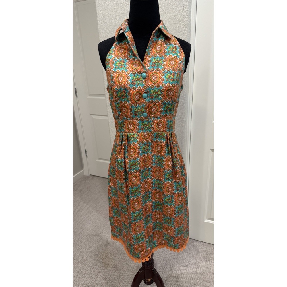 Leifsdottir for Anthropologie 100% Silk Orange/Turq Retro Halter Dress 4